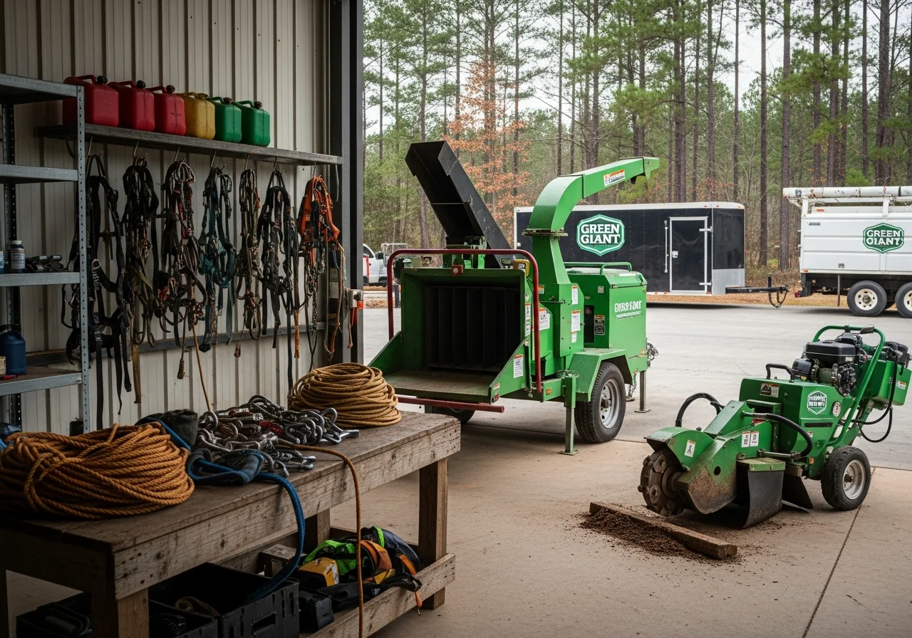 Tree service crew with equipment and tools ready for land clearing and tree removal work.