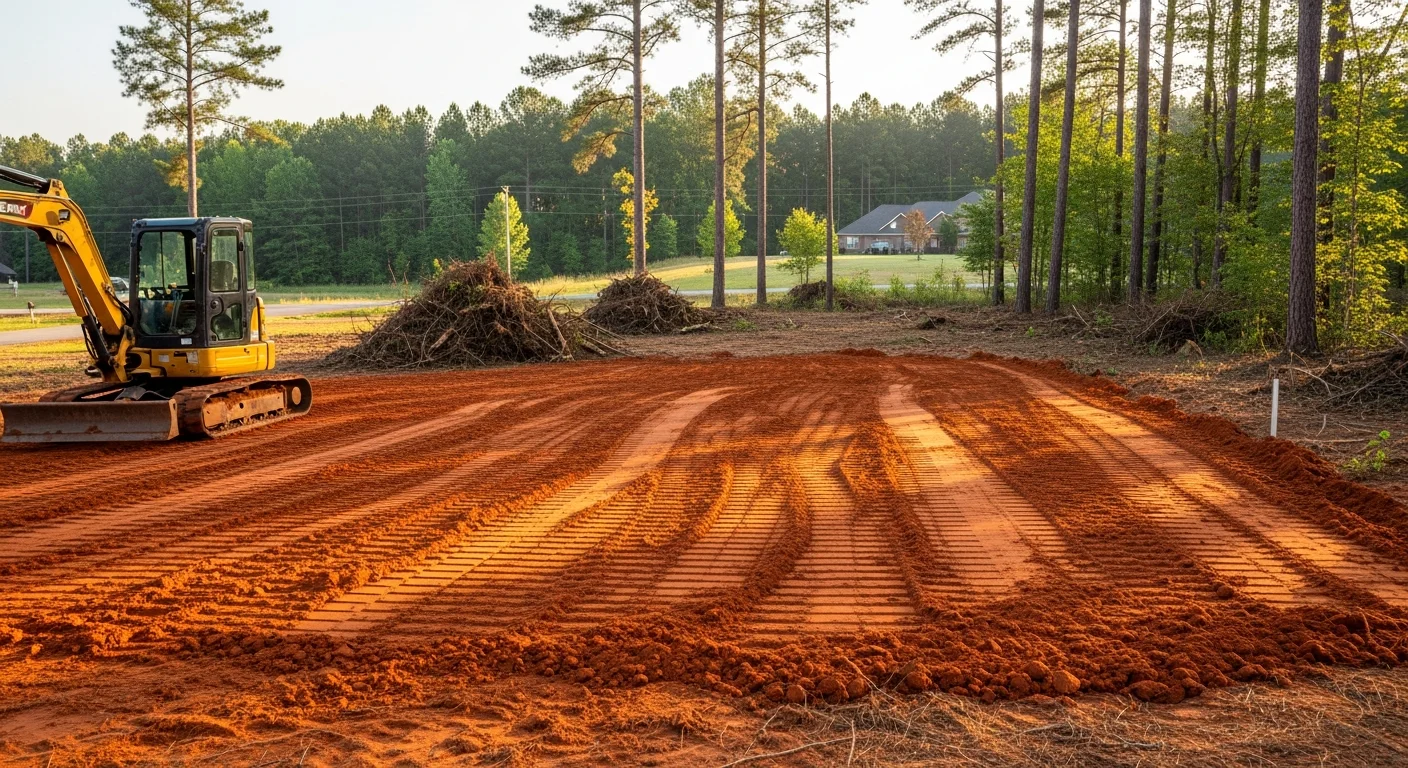 Heavy equipment clearing overgrown residential lot for development
