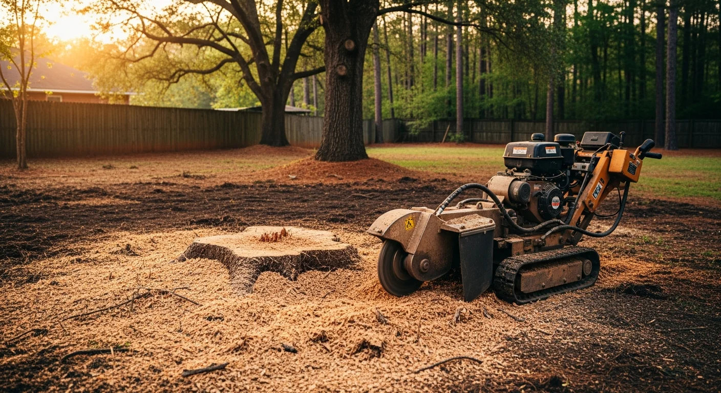 Stump grinding equipment removing tree stump from residential yard