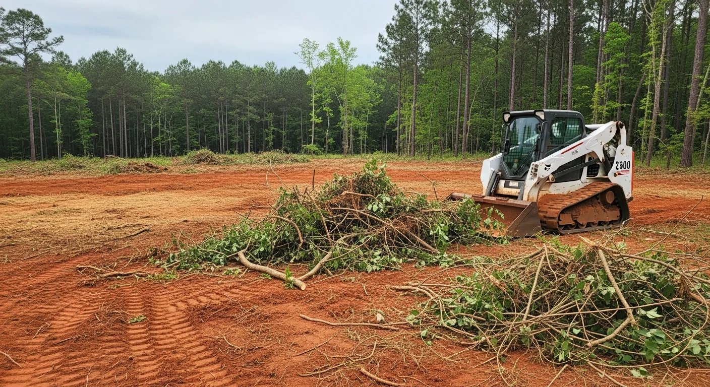 A cleared residential lot in Monticello, GA showing open ground where dense brush, vines, and saplings have been removed. Equipment tracks are visible along the edge of the cleared area near a tree line.