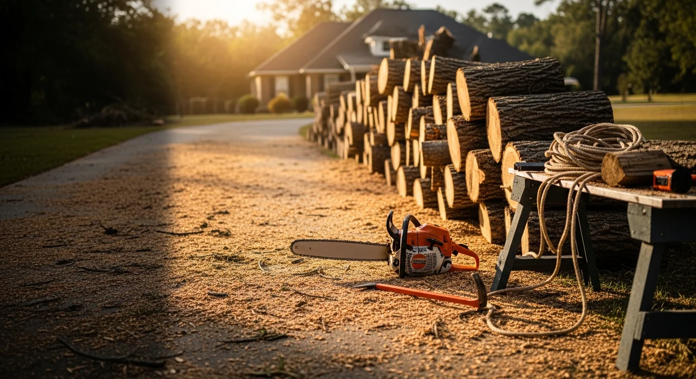 A large storm-damaged pine tree removed from a residential property in Monticello, GA, with the cleared yard visible and no debris remaining. A Green Giant crew member stands near the cut stump in a Jasper County neighborhood.