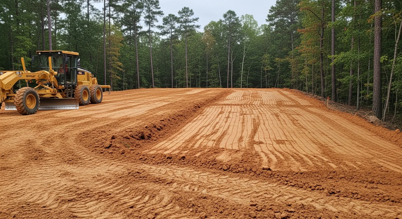 A graded residential lot in Monticello, GA with smoothed, compacted earth sloping away from a cleared home pad. Heavy equipment tracks are visible across the leveled clay soil with a tree line in the background.