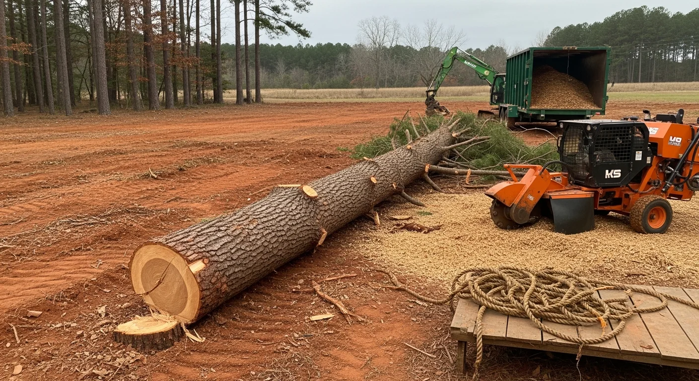 A large hazardous pine tree being removed in sections by a tree crew in a residential yard in Monticello, GA. The trunk is rigged with ropes to control the drop away from a nearby single-story home.