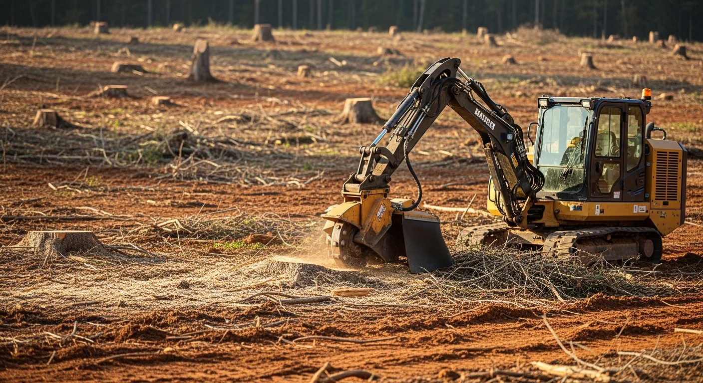 A freshly cleared residential lot in Monticello, GA showing removed pine trees, ground-level stumps, and open red clay soil ready for construction. Heavy equipment sits at the edge of the cleared area with Jasper County's rolling wooded landscape visible in the background.