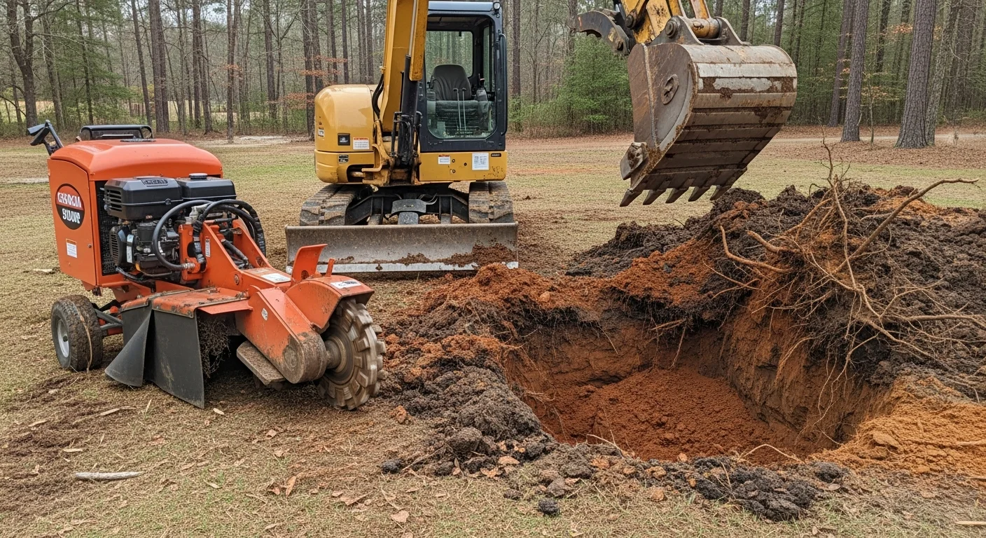 A large tree stump and root ball fully extracted from a residential yard in Monticello, GA, with the surrounding soil backfilled and leveled. Green Giant equipment is visible in the background on a wooded Jasper County property.