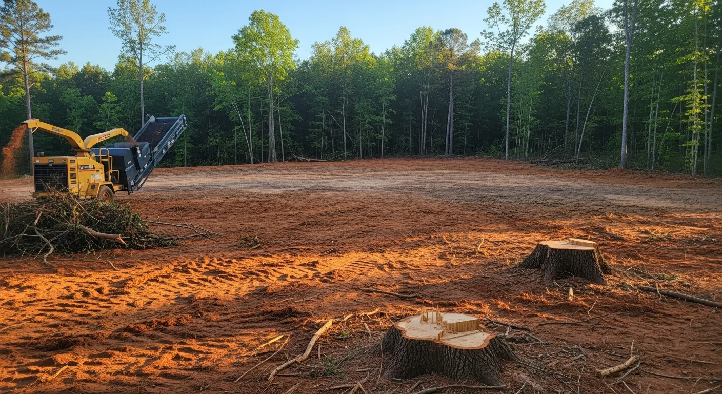 A freshly cleared residential lot in Monticello, GA showing removed trees, stumps, and brush with open ground ready for construction. The surrounding Jasper County tree line is visible in the background.
