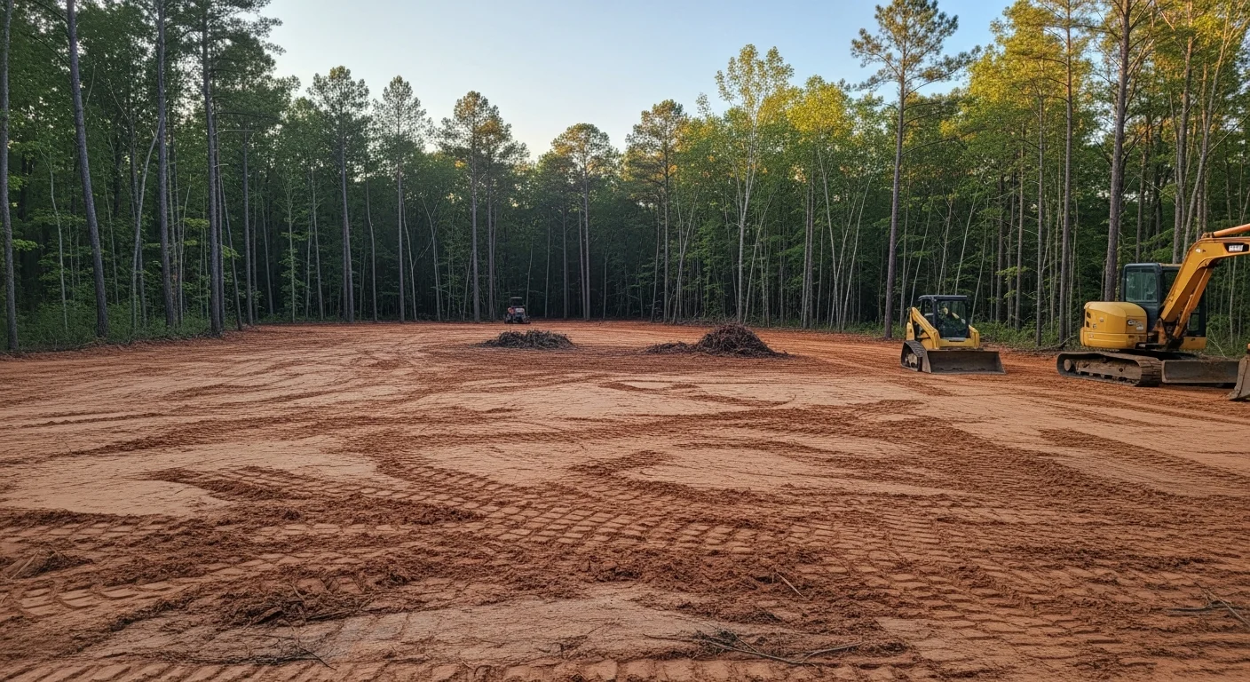 A freshly graded and cleared building lot in Monticello, GA with stumps removed, soil leveled, and drainage slopes visible across the open ground. Dense pine tree line remains at the rear property boundary in Jasper County.