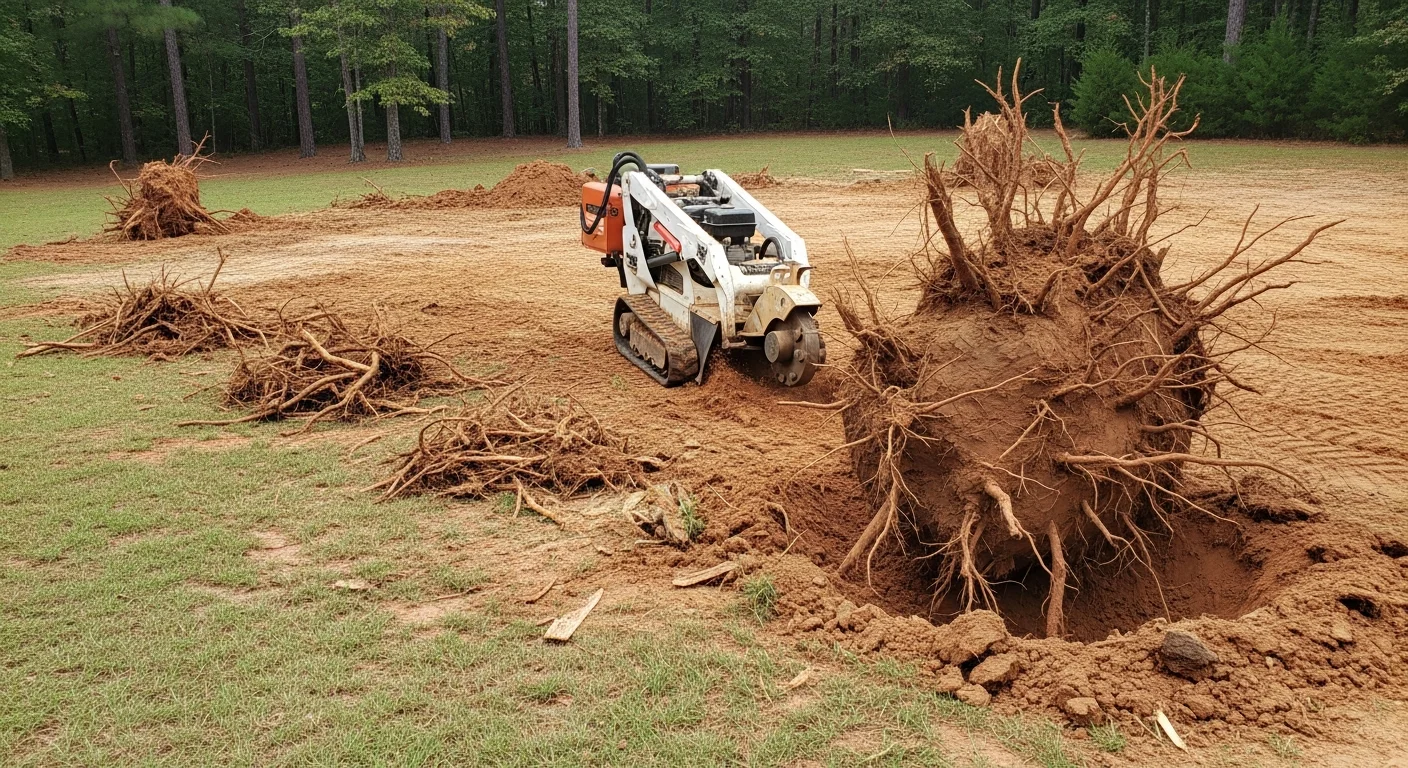 A freshly extracted tree stump site in a residential backyard in Monticello, GA, showing level ground with backfilled soil where a large stump and root system were removed. The surrounding lawn and fence line remain undisturbed.