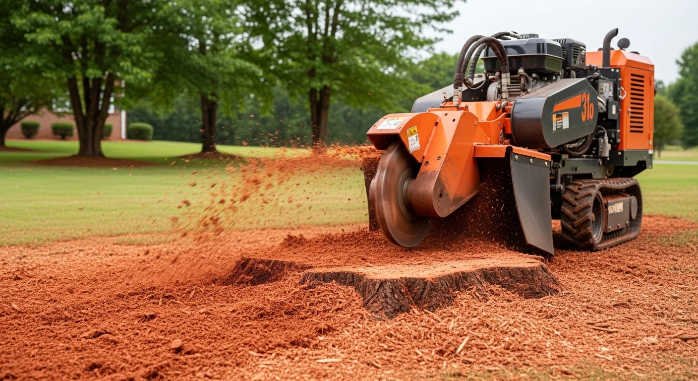 A professional stump grinder operator working on a large tree stump in a residential yard in Monticello, GA, with red clay soil visible around the base. The surrounding lawn is intact and the stump is being reduced flush with the ground surface.
