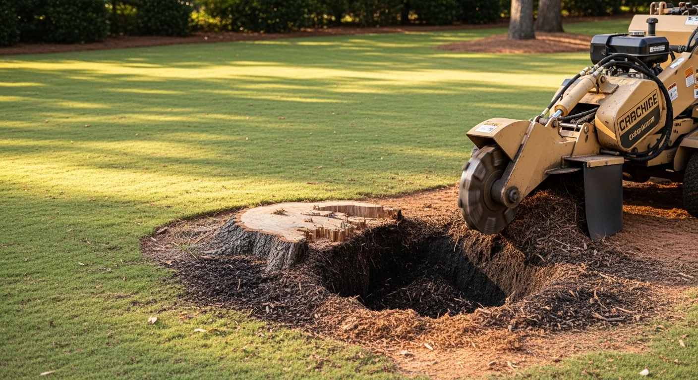 A freshly ground tree stump in a residential backyard in Monticello, GA, with the area leveled and backfilled with wood chips. The surrounding lawn is intact and the space is clear of roots and debris.