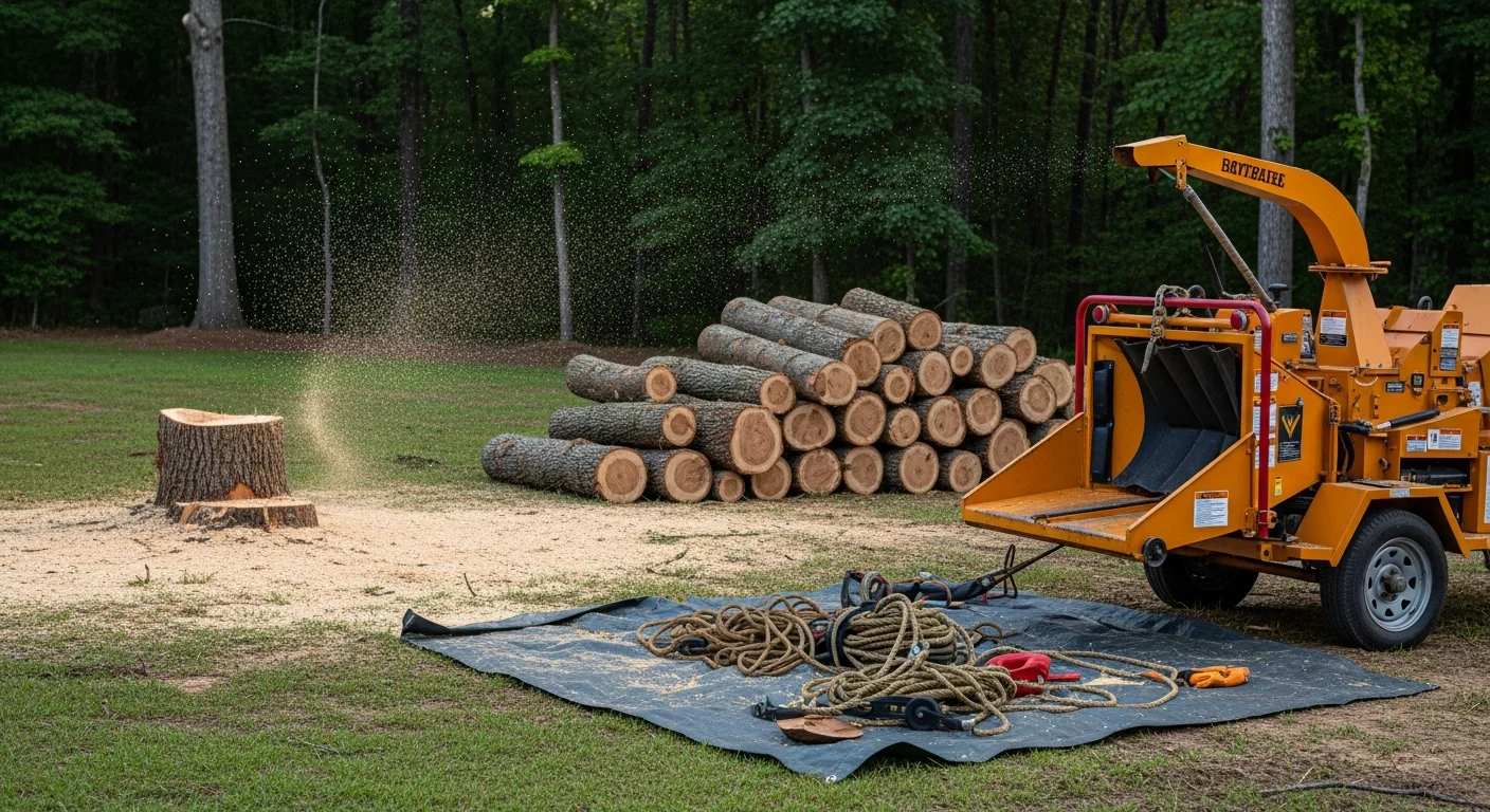 A Green Giant tree service crew removing a large pine tree in sections in a residential backyard in Monticello, GA. The cut trunk and cleared debris are visible on the ground beside a single-story home.