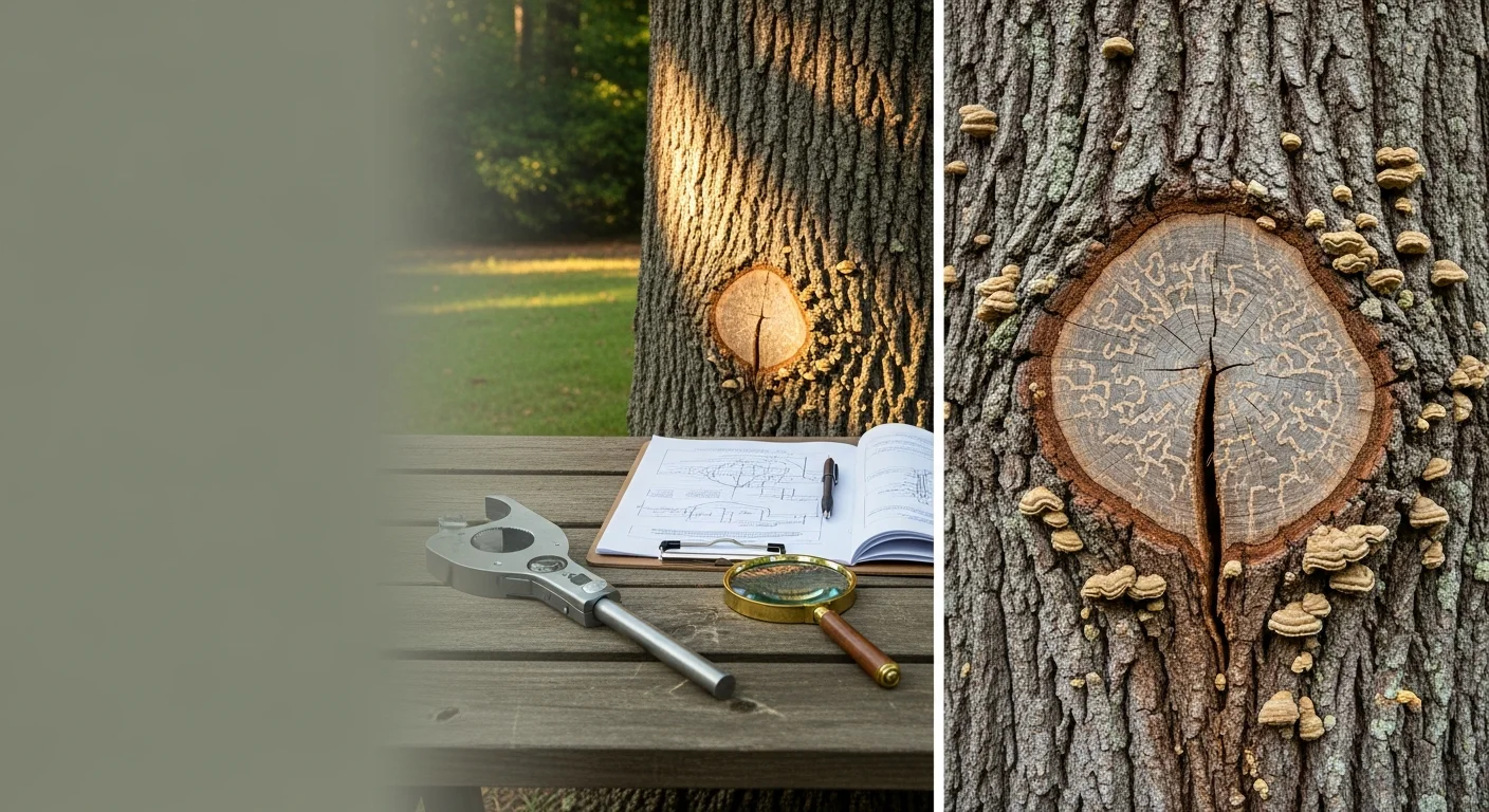 A Green Giant tree service professional conducting a ground-level safety inspection on a large mature tree in a residential yard in Monticello, GA. The inspector examines the base of the trunk for signs of decay and structural damage near a single-family home.
