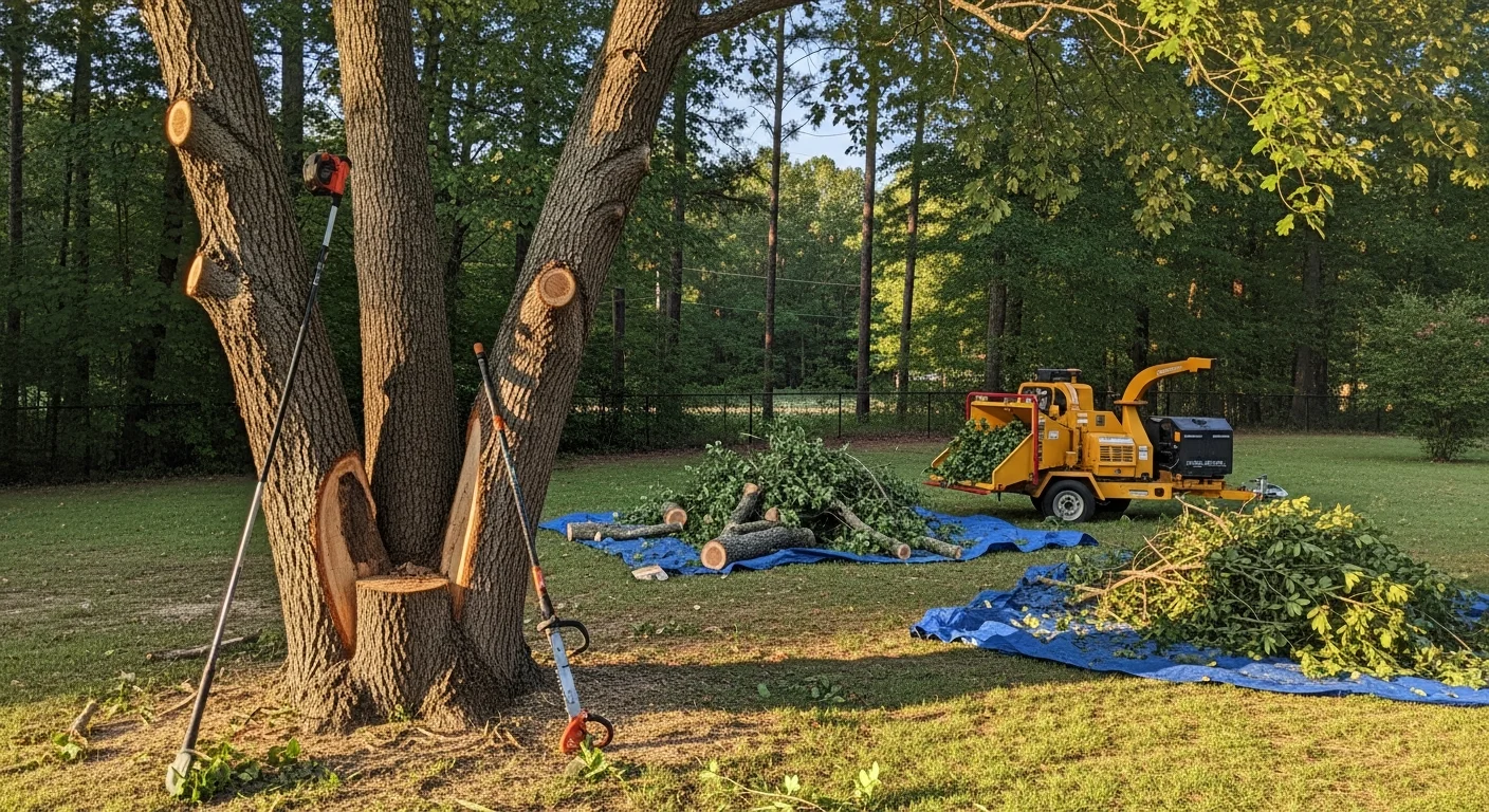A Green Giant crew member trimming the upper canopy of a large oak tree on a residential property in Monticello, GA. Cut limbs and debris are piled neatly on the lawn below the tree.